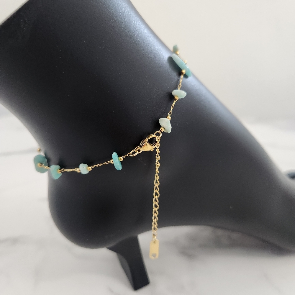 Minimalist Dainty Green Stone Stainless Steel Gold Plated Anklet - Picture 10 of 15